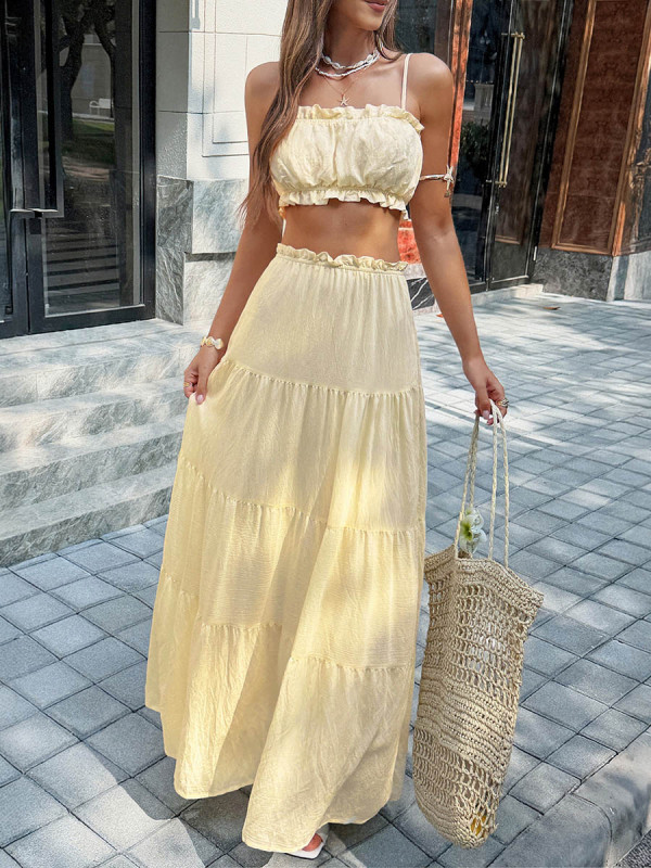 🌸Summer Two Piece Outfit | Solid Pleated Ruffled Spaghetti Crop Top & A-Line Skirt Set🤍