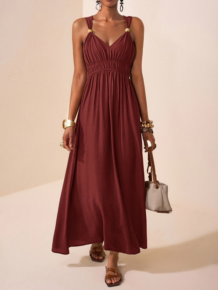 🤍Solid Spaghetti Strap Maxi Dress | Loose Pleated Sleeveless Daily Vacation Outfit✨