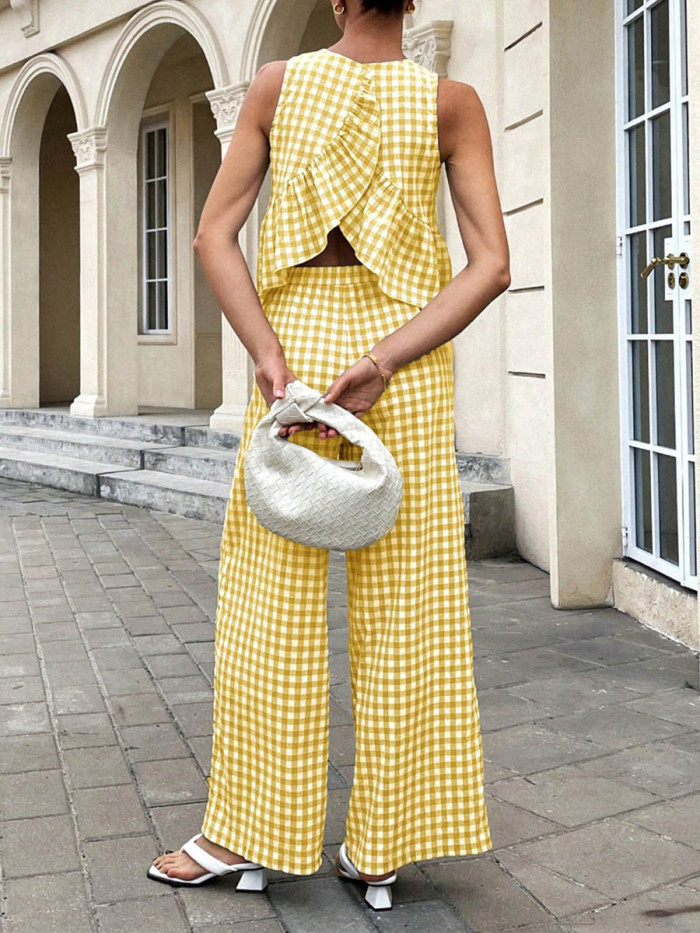 🤎Plaid Split-Joint Pleated 2 Piece Set | Round Neck Sleeveless Vest & Loose Pants Outfit✨