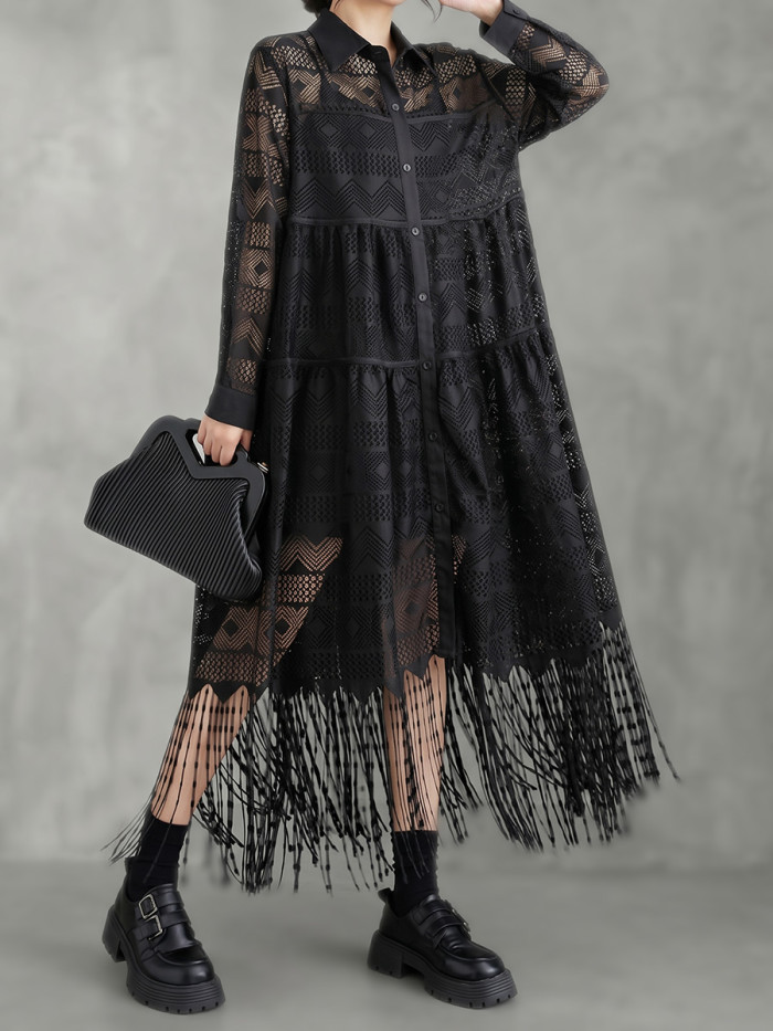 🍂Tassel Split Sheer Print Lapel Midi Dress | Vacation & Daily Outfit✨