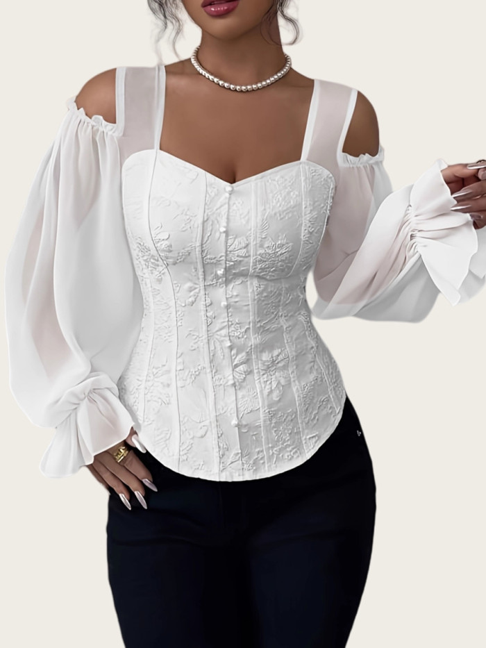 ✨Jacquard Hollow Cold Shoulder Blouse | Solid Split-Joint Elastic Flared Long Sleeve Top🌊