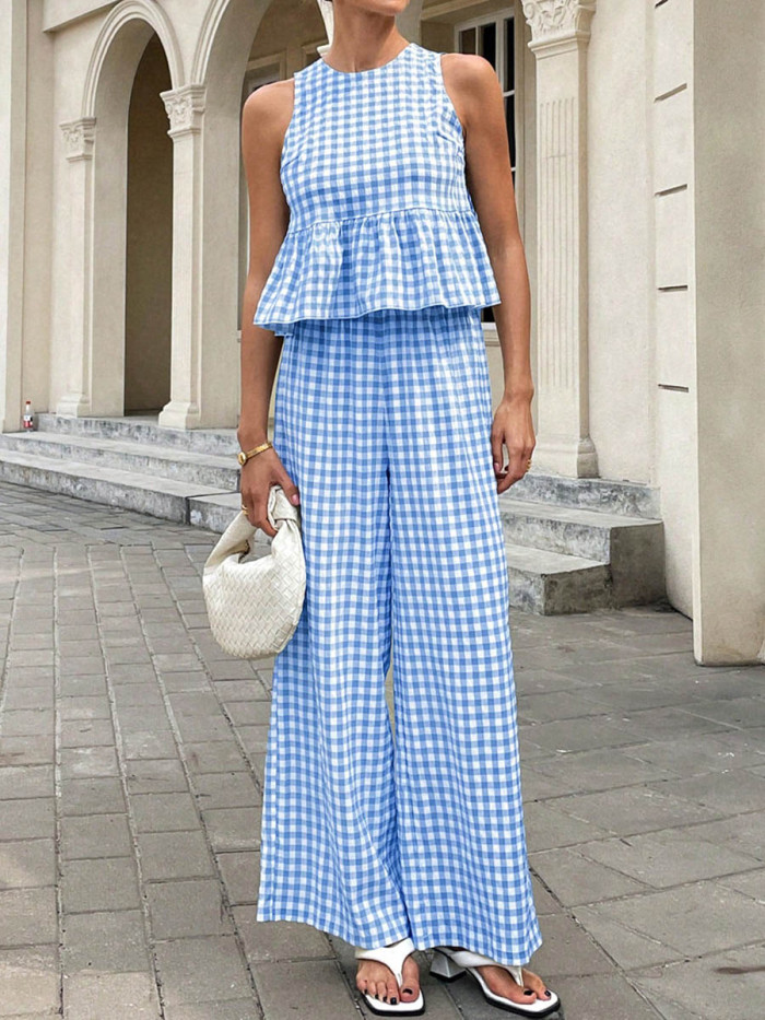 🤎Plaid Split-Joint Pleated 2 Piece Set | Round Neck Sleeveless Vest & Loose Pants Outfit✨