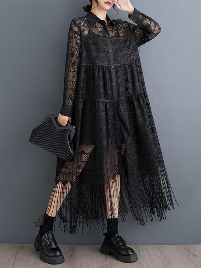 🍂Tassel Split Sheer Print Lapel Midi Dress | Vacation & Daily Outfit✨