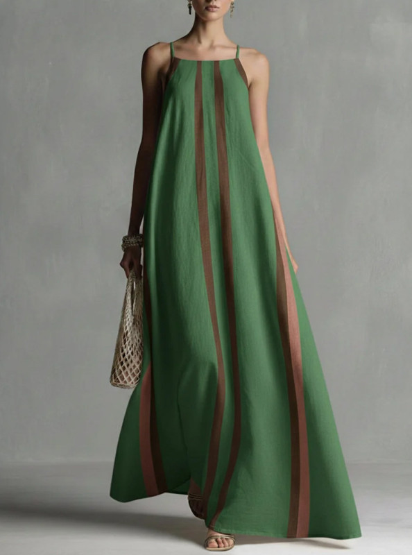 🤍Contrast Color Spaghetti Strap Maxi Dress | Loose A-Line Pleated Summer Vacation Outfit✨