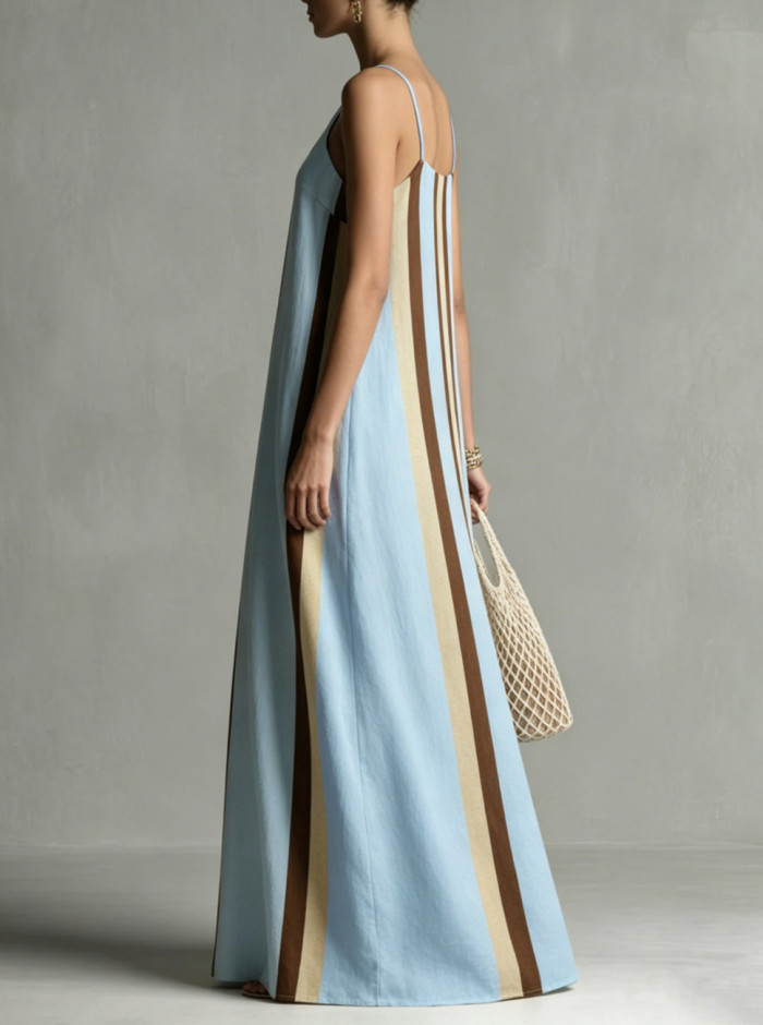 🤍Contrast Color Spaghetti Strap Maxi Dress | Loose A-Line Pleated Summer Vacation Outfit✨