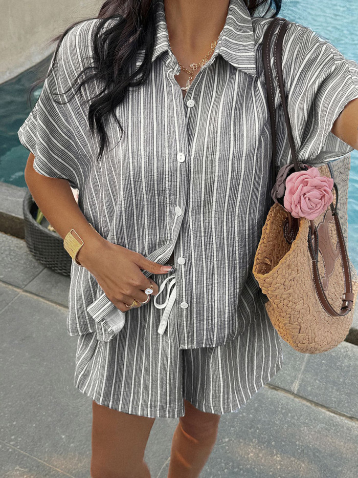 🤍Contrast Stripe Lapel Shirt & Tie Waist Shorts Two Piece Set | Daily Summer Outfit✨