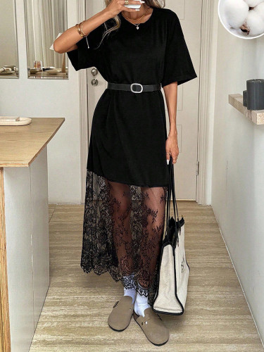 Round Neck Split-Joint Sheer Maxi Dress for Vacation and Daily Brunch