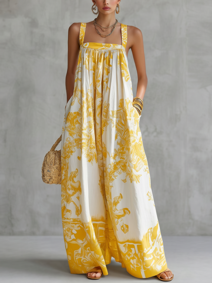 ✨Flower Print Sleeveless Jumpsuit for Beach & Dating | Spaghetti Neck Pleated Pocket Design🌿