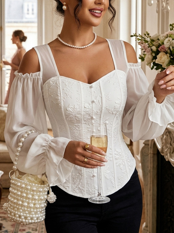 ✨Jacquard Hollow Cold Shoulder Blouse | Solid Split-Joint Elastic Flared Long Sleeve Top🌊