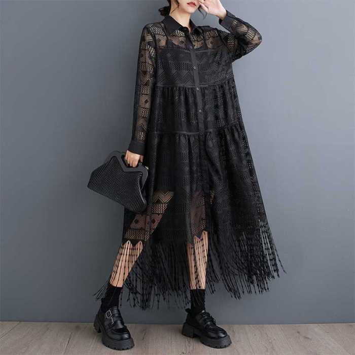 🍂Tassel Split Sheer Print Lapel Midi Dress | Vacation & Daily Outfit✨