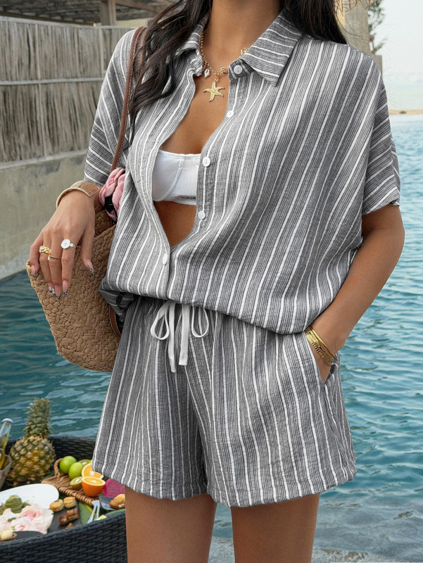 🤍Contrast Stripe Lapel Shirt & Tie Waist Shorts Two Piece Set | Daily Summer Outfit✨