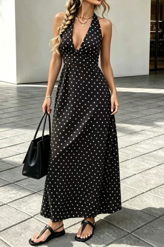 🤍Polka Dot Split Halter Backless Maxi Dress | Vacation & Party Outfit✨