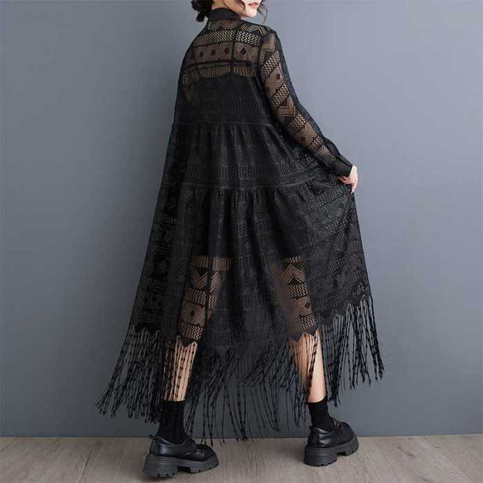 🍂Tassel Split Sheer Print Lapel Midi Dress | Vacation & Daily Outfit✨