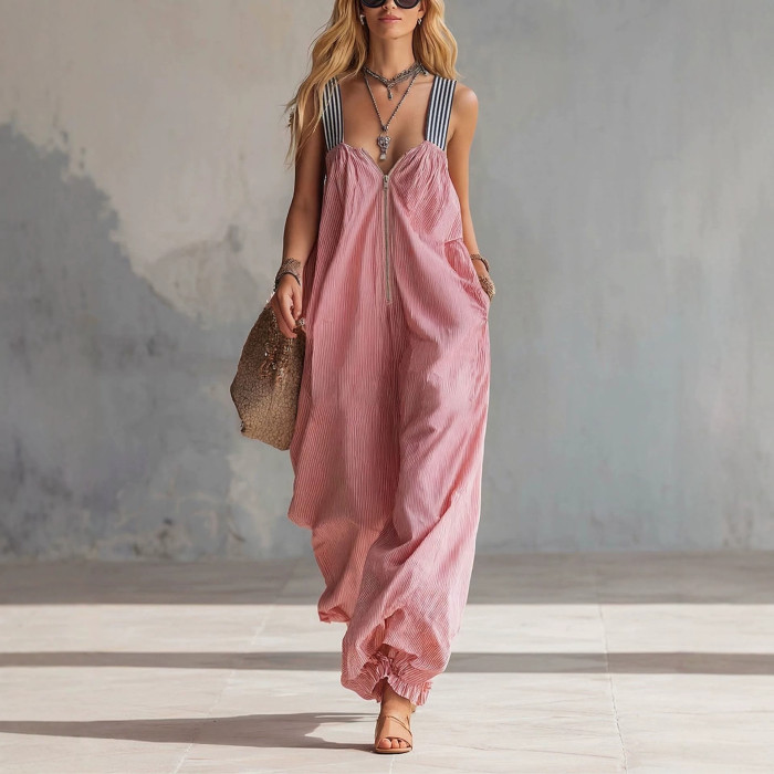 🤍Casual Deep V Striped Jumpsuit for Weekend Trip & Walks | Split-Joint Zipper Design✨