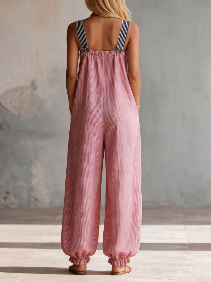 🤍Casual Deep V Striped Jumpsuit for Weekend Trip & Walks | Split-Joint Zipper Design✨