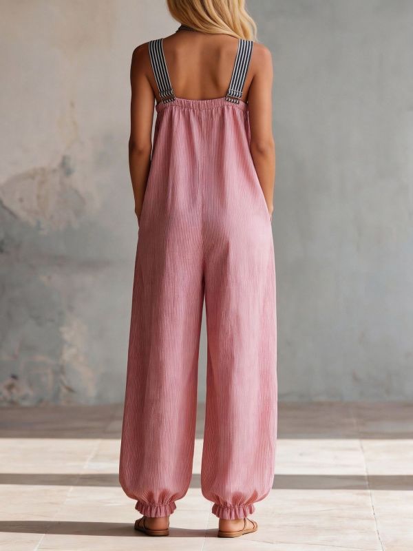 🤍Casual Deep V Striped Jumpsuit for Weekend Trip & Walks | Split-Joint Zipper Design✨