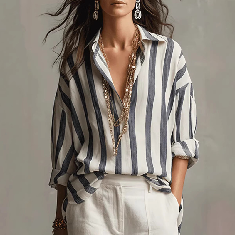 🌼Striped Lapel Button Up Top | Contrast Tone Loose Fit Long Sleeve Fashion Blouse🤍