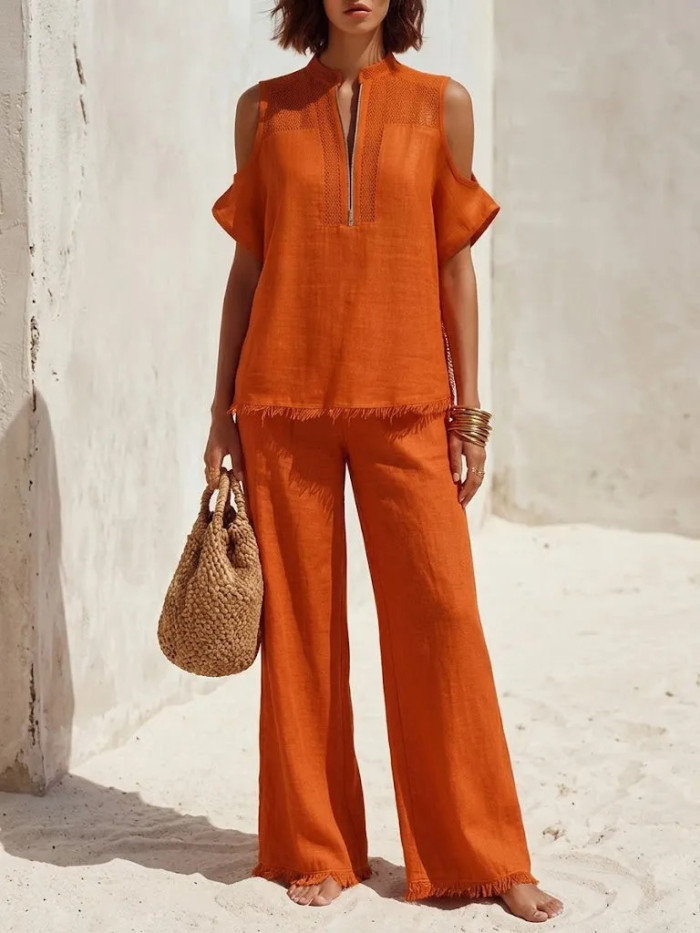 🤎Chic Solid Two Piece Suit | Cold Shoulder Fringed Half-Zip Short Sleeve Top Loose Pants✨