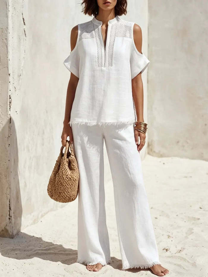 🤎Chic Solid Two Piece Suit | Cold Shoulder Fringed Half-Zip Short Sleeve Top Loose Pants✨