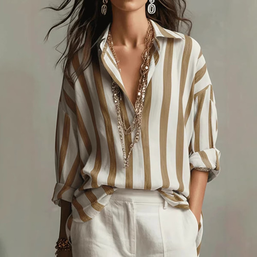🌼Striped Lapel Button Up Top | Contrast Tone Loose Fit Long Sleeve Fashion Blouse🤍