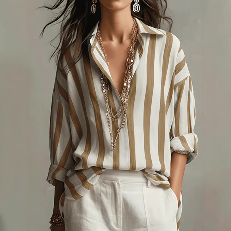 🌼Striped Lapel Button Up Top | Contrast Tone Loose Fit Long Sleeve Fashion Blouse🤍
