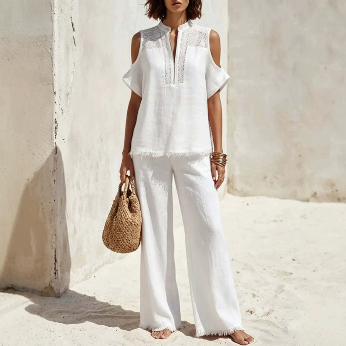 🤎Chic Solid Two Piece Suit | Cold Shoulder Fringed Half-Zip Short Sleeve Top Loose Pants✨