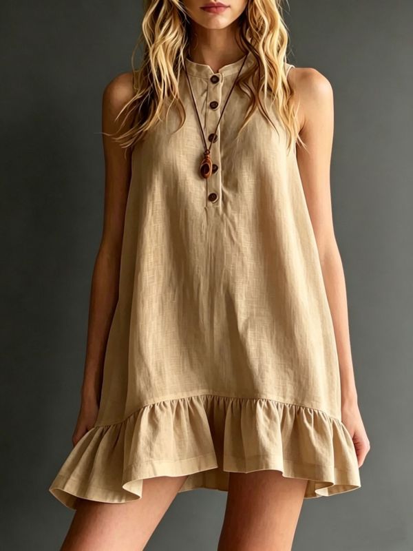 🤍Round Neck Solid Mini Dress | Loose A-Line Buttoned Pleated Daily Dating Outfit✨
