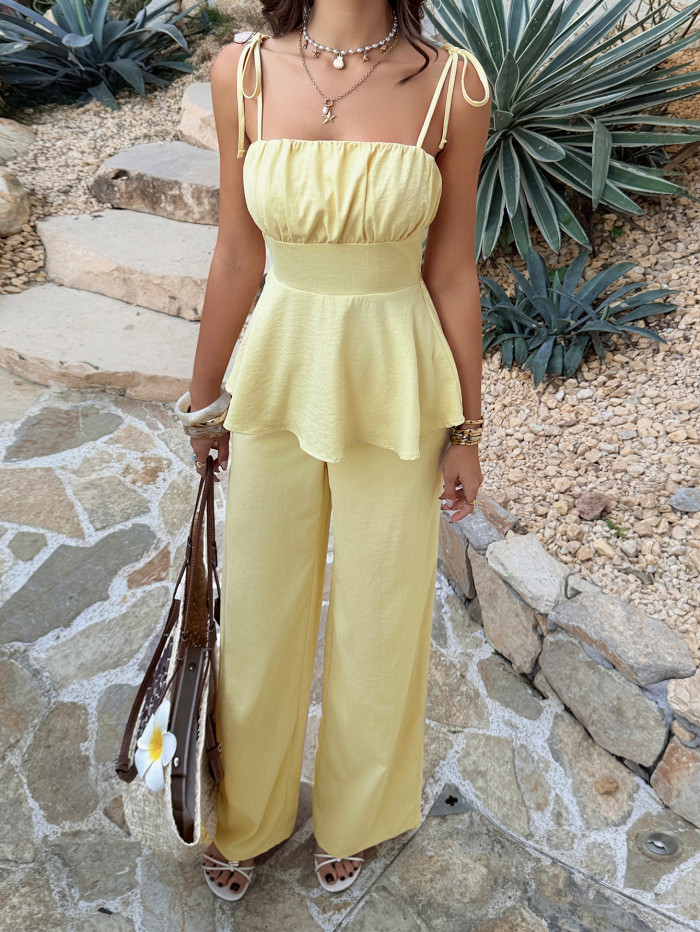 🌼Summer Two Piece Outfit | Solid Pleated Spaghetti Strap Sleeveless Vest Top & Wide Leg Pants Set🤍