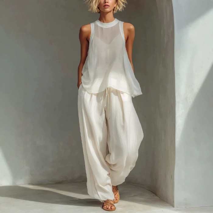 🤍Sheer Chiffon Matching Outfit | Vacation & Streetwear | Half Sleeve Button Down Pant Set