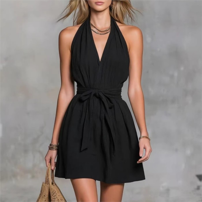 🤍V Neck Lace-Up Backless Mini Dress for Beach & Vacation | Sleeveless Slim Summer Sundress✨