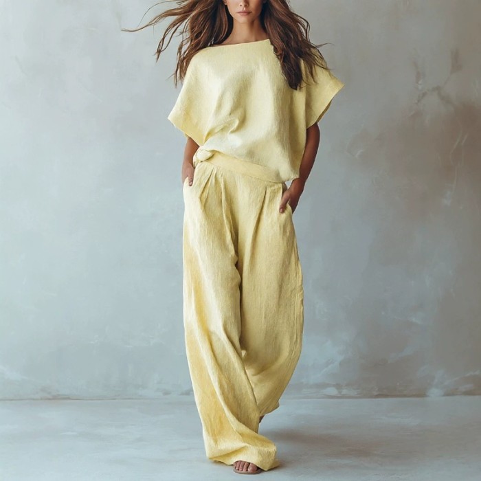 🤎Solid Linen Matching Set | Holiday & Daily Casual | Batwing Sleeve Wide Leg Pants