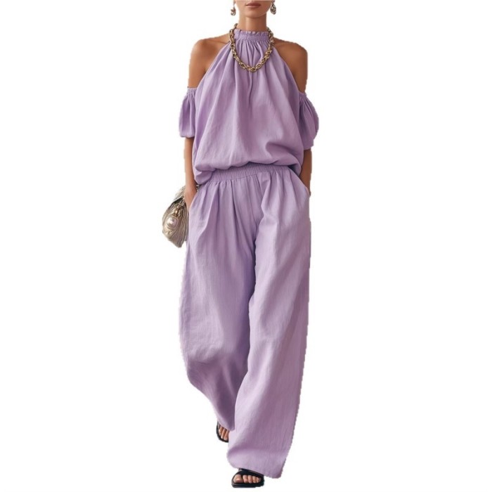 🤍Elegant Loose Two Piece Outfit | Vacation & Streetwear | Halter Off Shoulder Top Trousers