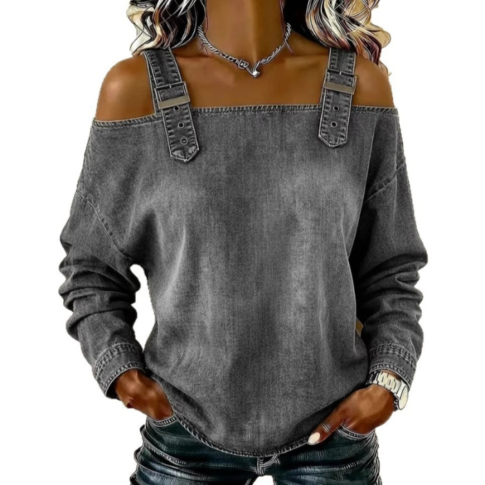 Off Shoulder Backless Denim Top for Streetwear and Casual Work Occasions
