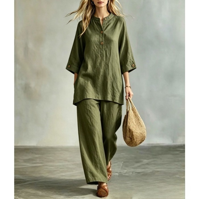 🪐Retro Loose Linen Co-ord | Date & Weekend Outing | Y2K Button Shirt Wide Leg Pants