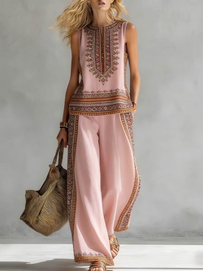 đ¤Retro Print Two Piece Set for Daily & Vacation | Sleeveless Vest + Pocket Wide Leg Pantsâ¨