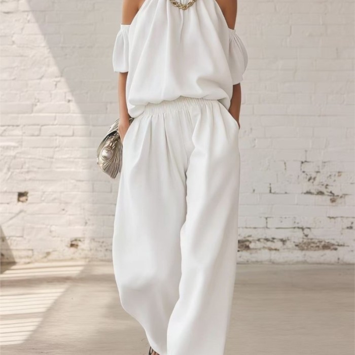 🤍Elegant Loose Two Piece Outfit | Vacation & Streetwear | Halter Off Shoulder Top Trousers