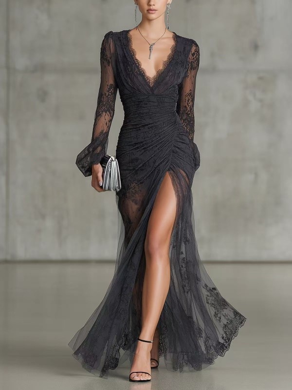 ✨A Line Mermaid Lace Evening Dress for Banquet & Party | Long Sleeve V Neck Black Formal Gown🌿