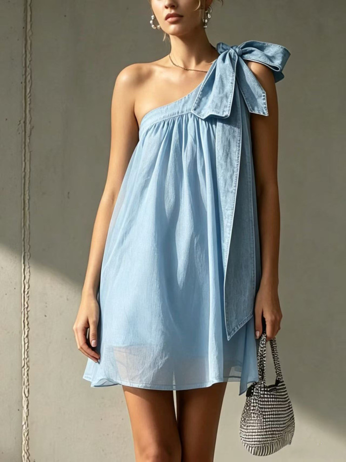 🌼Solid One Shoulder Chiffon Mini Dress for Dinner & Weekend | Lace-Up Bow Backless Design🤎