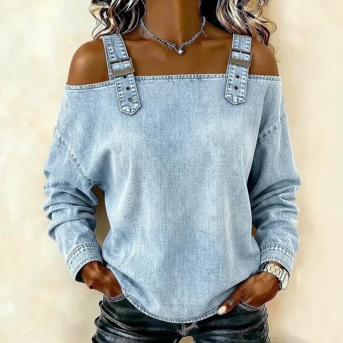 Off Shoulder Backless Denim Top for Streetwear and Casual Work Occasions