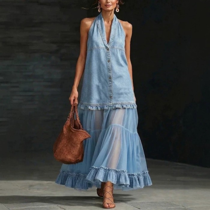 Halter Deep V Mesh Splice Denim Maxi Dress for Beach and Daily Streetwear