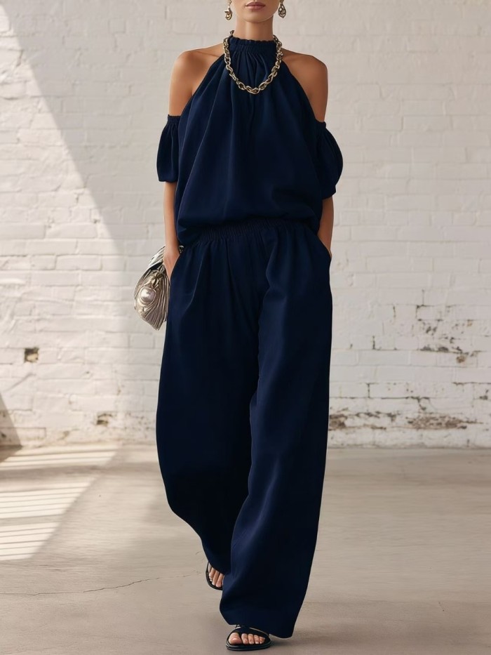 🤍Elegant Loose Two Piece Outfit | Vacation & Streetwear | Halter Off Shoulder Top Trousers
