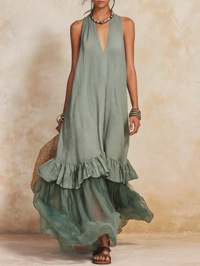 🤎Summer Gauze Splice Linen Cotton Dress for Dating & Holiday | Loose V Neck Beach Wear✨