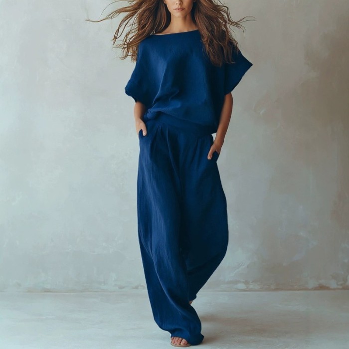 🤎Solid Linen Matching Set | Holiday & Daily Casual | Batwing Sleeve Wide Leg Pants