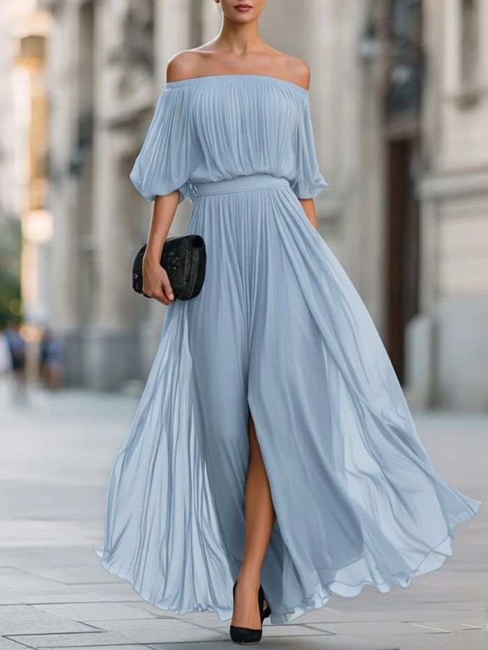 🌼Sexy Off Shoulder Evening Gown for Date & Event | Ruched Slit Flowy Chiffon Design🤎