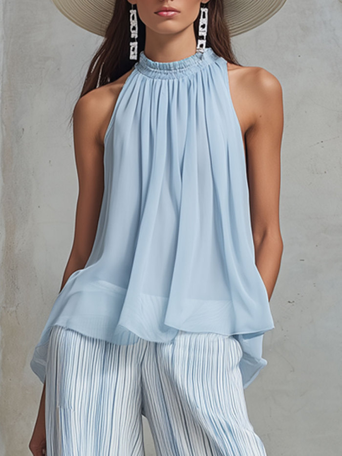✨Summer Striped Matching Suit for Beach & Brunch | Chiffon Sleeveless Wide Leg Outfit🌿