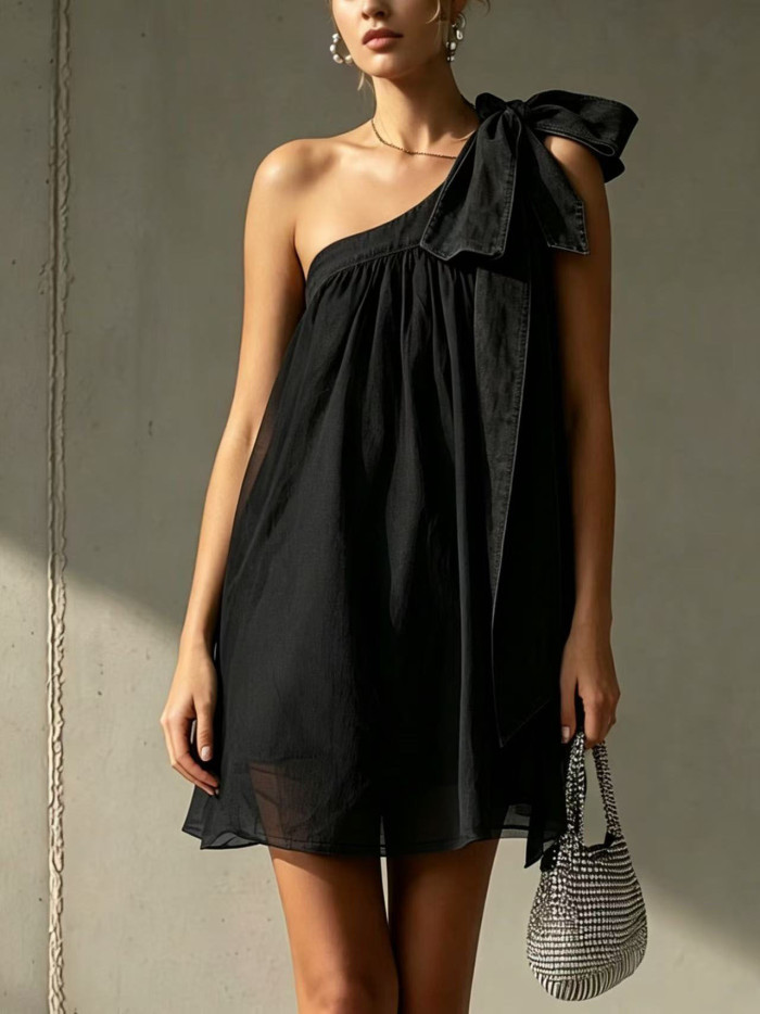 🌼Solid One Shoulder Chiffon Mini Dress for Dinner & Weekend | Lace-Up Bow Backless Design🤎