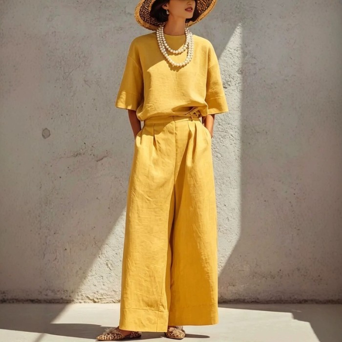 Solid Linen Two Piece Set for Daily Commute and Summer Brunch
