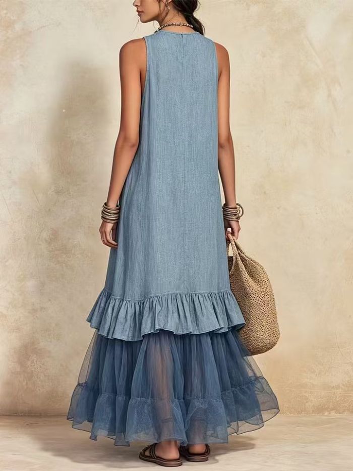 🤎Summer Gauze Splice Linen Cotton Dress for Dating & Holiday | Loose V Neck Beach Wear✨