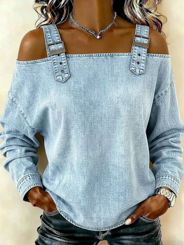 Off Shoulder Backless Denim Top for Streetwear and Casual Work Occasions