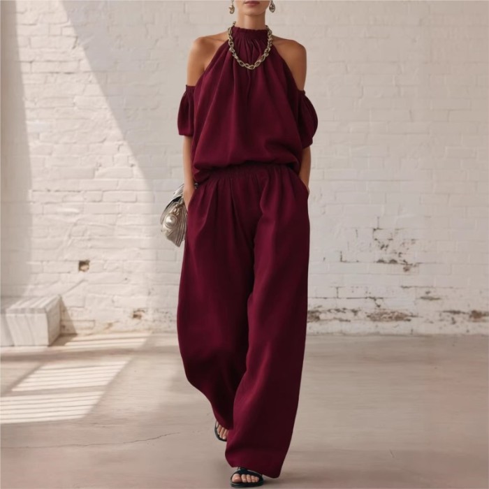 🤍Elegant Loose Two Piece Outfit | Vacation & Streetwear | Halter Off Shoulder Top Trousers